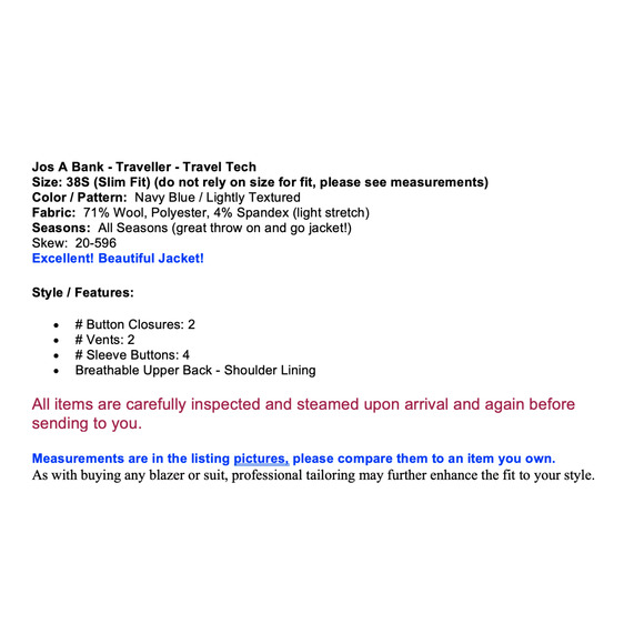 Jos A Bank Travel Tech Mens 38S Slim Navy Blue Blazer Jacket Textured - Picture 2 of 14